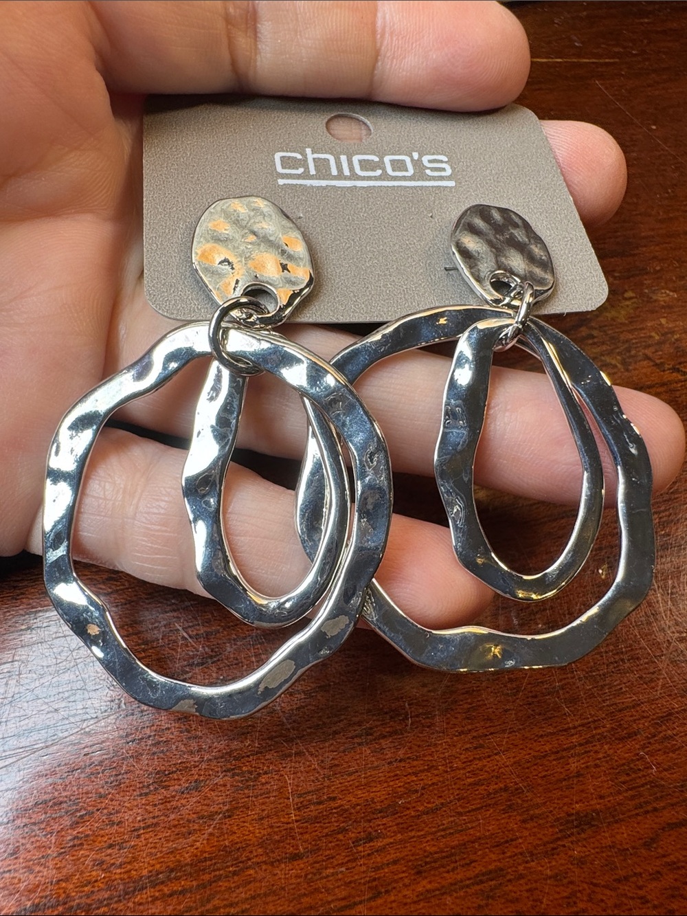 0175-Chico's Silver Hammered Triple Hoop Drop Earrings